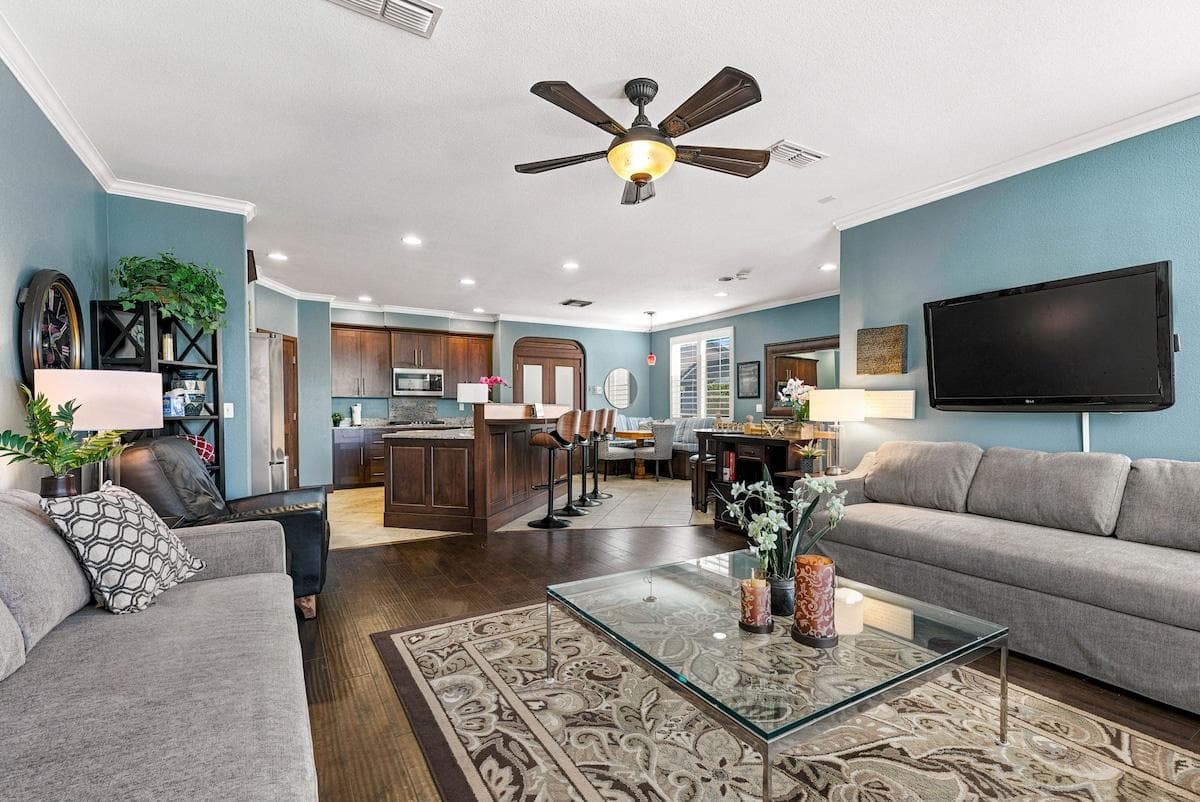 Spacious 2nd-floor lounge featuring two Queen Serta Dream sleeper sofas. Plenty of room for daytime socializing and premium comfort at night. For movie watching comfort, just pull up the sofa trundle and snuggle in with blankets and a snack.